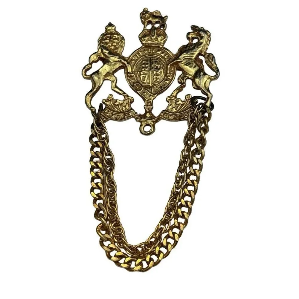 Vintage British Heraldic Double Chain Brooch Cloak Clasp Lion Crest